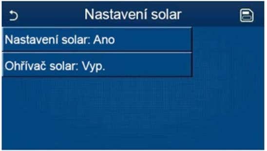 1.2.4.3 Nastavení SOLAR 1. Když na stránce nastavení provozních parametrů stisknete Nastavení SOLAR, zobrazí se příslušná stránka submenu. 2.