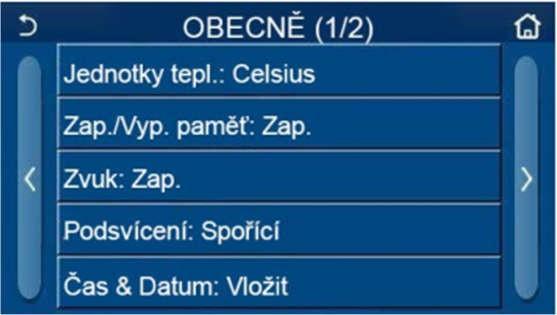 1.2.6 Obecné nastavení Když na stránce menu stisknete Obecně, ovládací panel přejde do nastavovací stránky, jak ukazuje obrázek níže, kde je možné nastavit parametry Jednotky tepl.