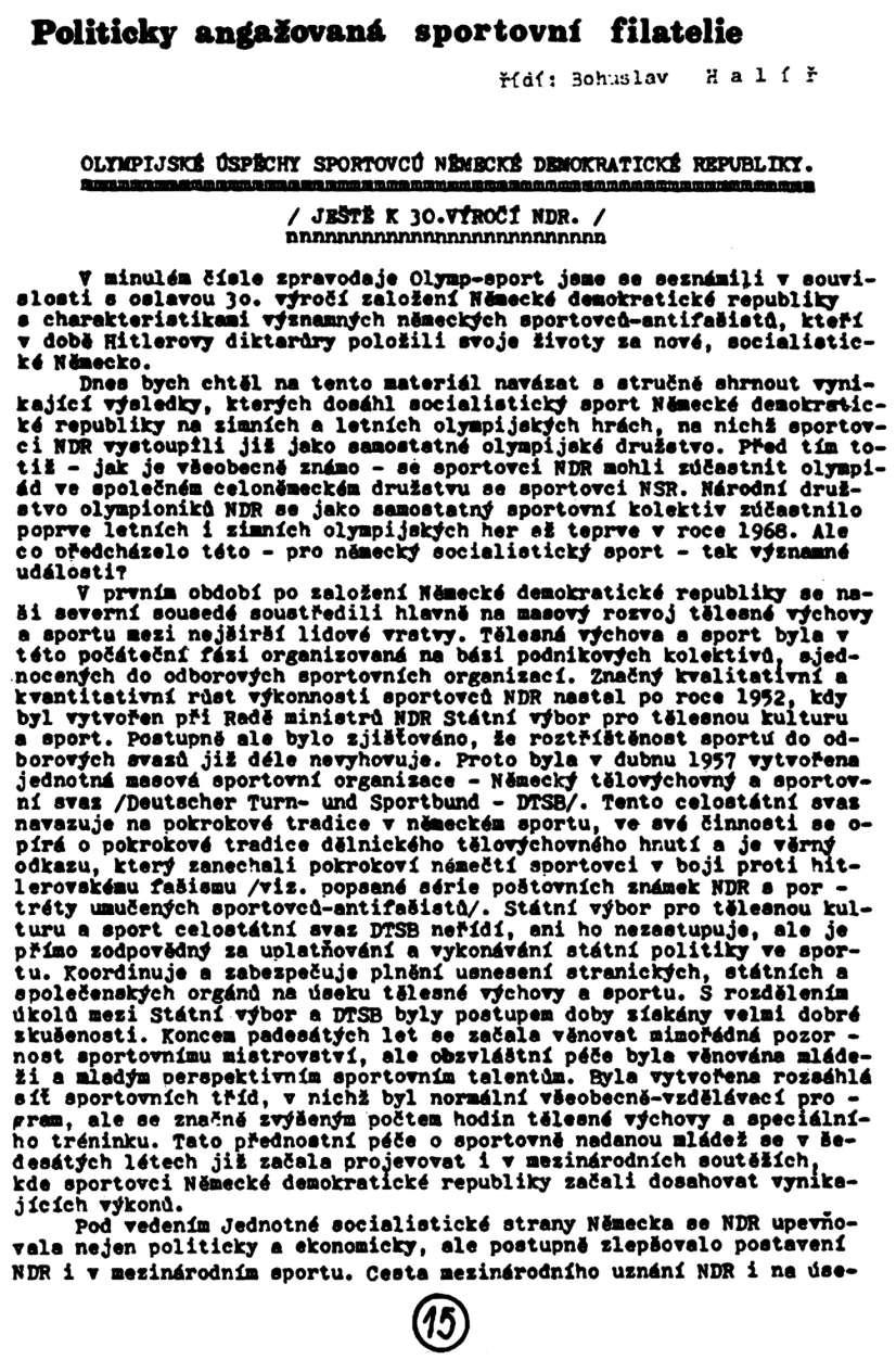 Politicky angažovaná sportovní filatelie říáť: Bohuslav Hal ř OLYMPIJSKÉ ÚSPĚCHY SPORTOVCŮ NĚMECKÉ DEMOKRATICKÉ REPUBLIKY. / JEŠTĚ K 3OVÝROČÍ NDR.