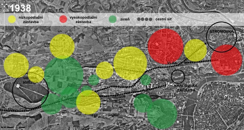 4.3 Zhodnocení regulace urbanistického vývoje propojení zahrad Obr. 13 - Stav k roku 1938 Na leteckém snímku (Obr. 13 - Stav k roku 1938) je patrná reálná podoba Prahy v první polovině 20. století.