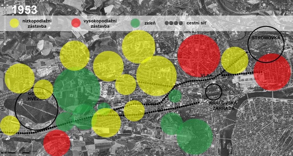 Regulační plány, které zachycují prostorové a funkční regulování v území v tomto období, zamýšlí rozvojové obytné plochy, především vysokopodlažních bytových domů vytvářející segmenty mezi Královskou