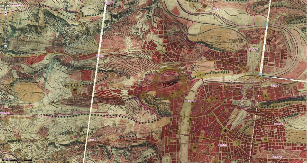 4 - Schematický regulační plán z roku 1930) došlo k redukci ploch zeleně, především v plochách nově navrhované zástavby. Další mapou je směrný plán Prahy z roku 1955 (viz Obr.