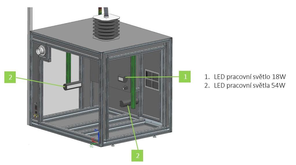 LED pracovní světla 54W BAR 10-30 V byla umístěna na hliníkových profilech. Světla byla připevněna pomoví kamenů se závitem M8 pro libovolnou pozici výšky osvětlení viz Obr. 101.