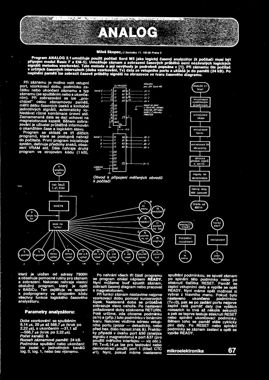 vstupního portu a ukládá je do pamti (24 kb) Po naplnni pamti lze zobrazit asové prbhy signál na obrazovce ve tvaru asového diagramu Pi záznamu je možno volit vstupní port, vzorkovací dobu, podmínku