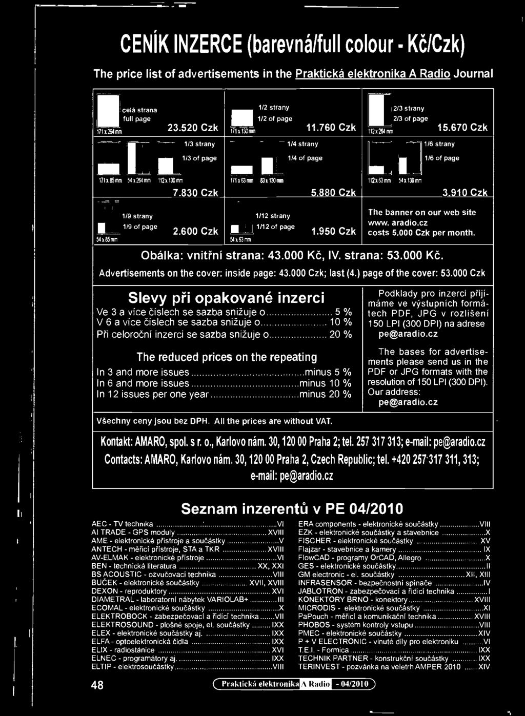 830 Czk 119 of page 2.600 Czk i I 171x9mm -= 83030mm p 1/4 strany 1/4 of page 5.880 Czk 1 112d2mm 54x130mm 1/6 strany 1/6 of page 3.910 Czk fri ill 1 1/12 strany The banner on our web site www.