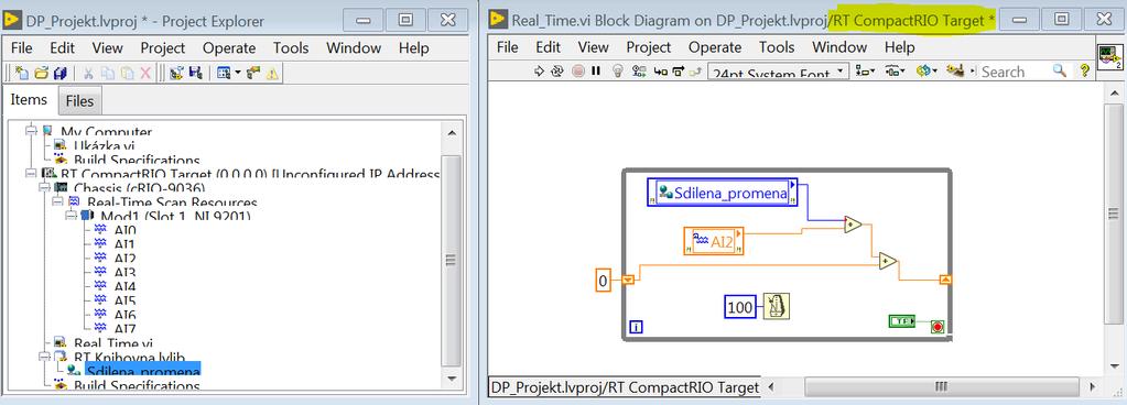 v Real-Time systému lze poznat podle jeho koncovky, kde bude napsáno RT CompactRIO Target, jak je zvýrazněno na obrázku 23.