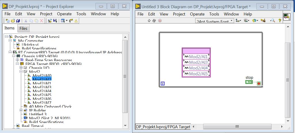 Obrázek 24: LabVIEW FPGA LabVIEW FPGA má několik specifik oproti předešlým módům. Jsou značně omezeny možnosti programování, protože je na výběr méně bloků a toolkitů.