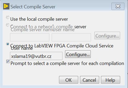 V kompilačním okně je na výběr několik možností, jak lze napsaný kód v LabVIEW FPGA kompilovat.