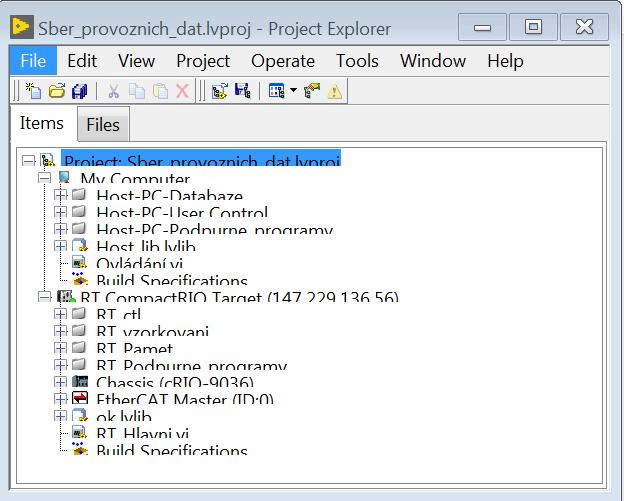 8.5 Struktura zdrojového kódu (projektu) Projekt v LabVIEW slouží k zpřehlednění formy VI a SubVI, které jsou v dané aplikaci použity. V projektu Sber_provoznich_dat.lvproj (viz.