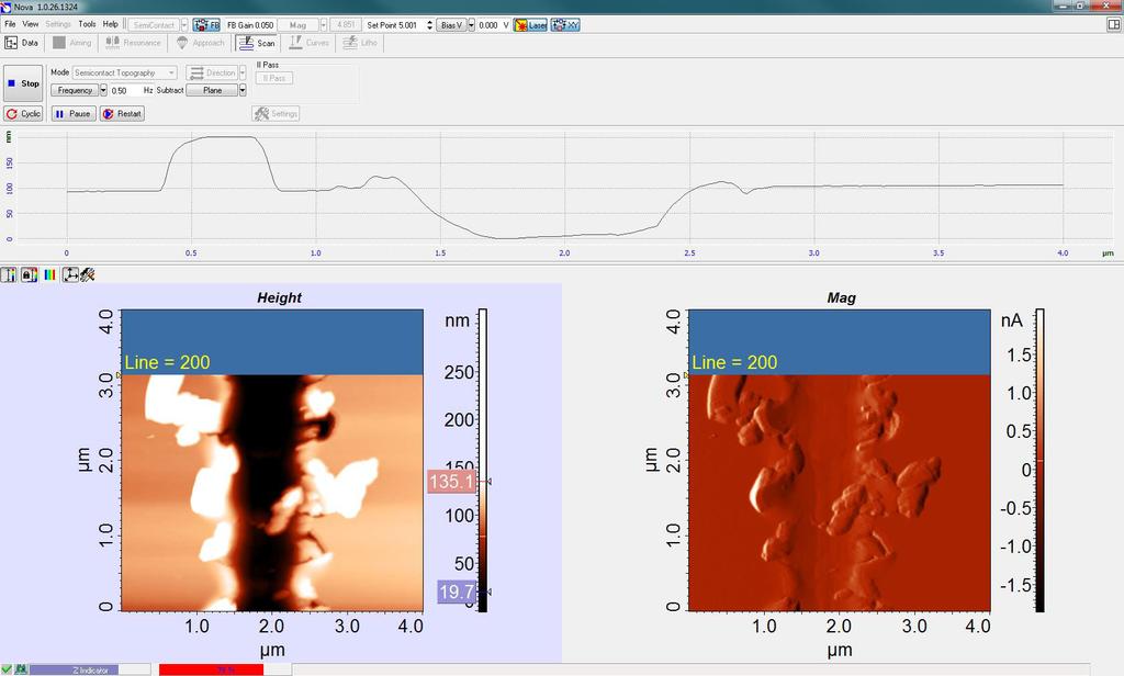 Obr. 19: Rozhraní softwaru Nova během skenování detailu provedeného vrypu se zobrazením výškového a amplitudového snímku spolu s aktuálně skenovaným profilem 3.