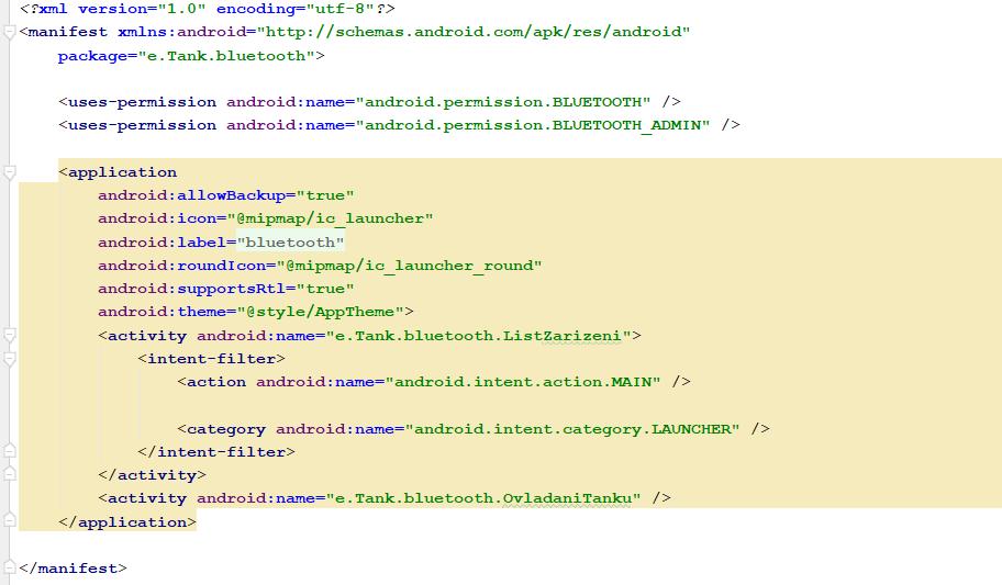 UTB ve Zlíně, Fakulta aplikované informatiky 71 8.2.2 Manifest V souboru AndroidManifest.xml je možné nalézt různá oprávnění, přístupy k zařízením, aktivity a služby.