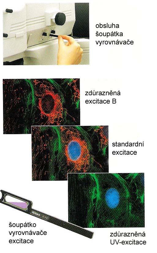 64 Zařízení pro vyrovnání excitace (Excitace Balancer) Nikon (Volitelný doplněk k fluorescenčnímu nástavci) V průběhu pozorování vícenásobně barvených fluorescenčních vzorků je pro pozorovatele