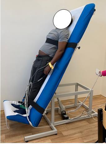 Popis ortoklinostatického vyšetření stejně jako u klidového záznamu EKG budeme snímat bipolární svody dle Eithovena (I, II, III) (viz slide 7) sepneme popruhy (jistící před pádem v ortostáze),