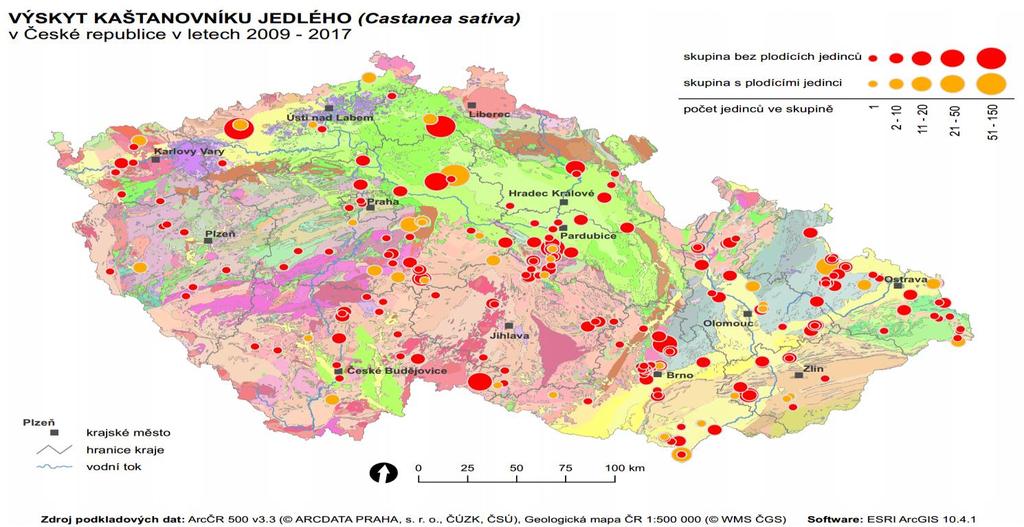 5.6. VYHOTOVENÍ MAP V GEOGRAFICKÉM INFORMAČNÍM SYSTÉMU SE VŠEMI LOKALITAMI VÝSKYTU Z mapování lokalit výskytu V České republice, je patrné, že kaštanovník jedlý dokáže dobře prosperovat i ve vyšších