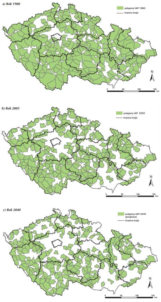 Obr. 13 Změny fragmentace krajiny (zelené oblasti značí dosud