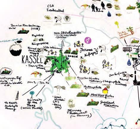 Mapa znázorňuje různé propojené projekty pěstování potravin v Kasselu a okolí.