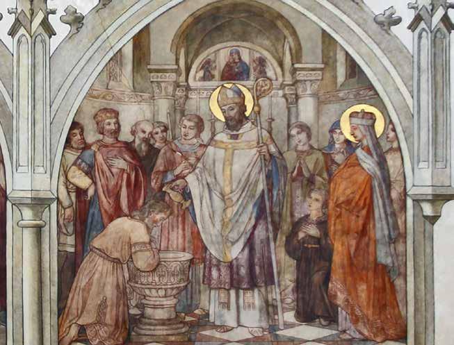 Sv. Metoděj křtí knížete Bořivoje, vpravo přihlíží sv. Ludmila. Nástěnná malba v kostele sv. Štěpána na Novém Městě Čech vstupovala, na straně druhé mocní vládci Moravy z rodu Mojmírovců.