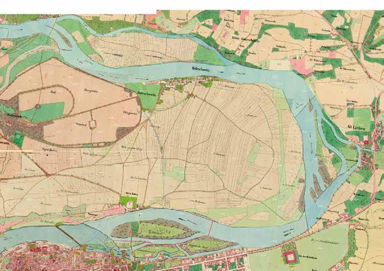 1840 Stabilní katastr (původní měřítko 1:2880) Do poloviny 19. století byla oblast holešovického meandru téměř neurbanizovaná.