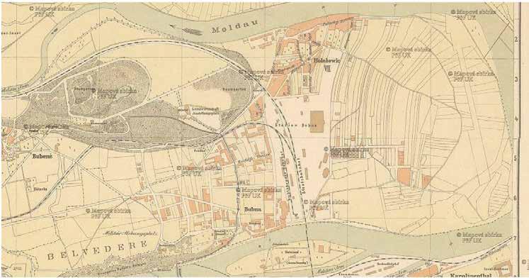 1870 1900 Polohopisný plán Prahy (původní měřítko 1:10 000) Vstup železnice na levý břeh Vltavy Negrelliho viaduktem (1) v roce 1850 a realizace Pražskodrážďanské a uštěhradské dráhy spoluinicioval
