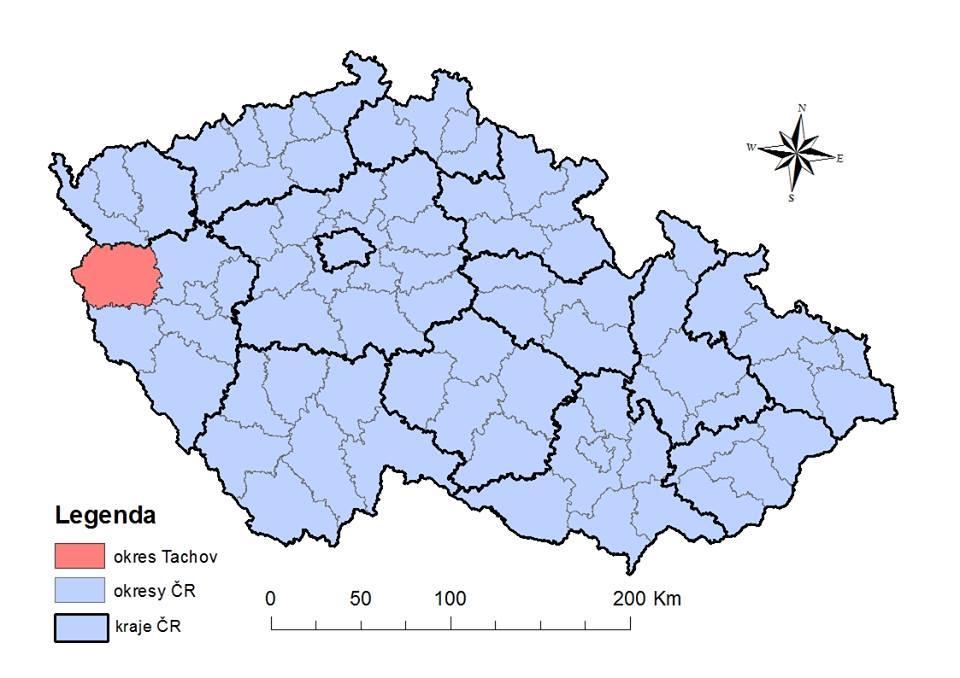 6 VYMEZENÍ REGIONU Pro bakalářskou práci byl zvolen region Tachovsko, resp. okres Tachov (viz obr. č. 1). Okres Tachov leží v západní části Plzeňského kraje.