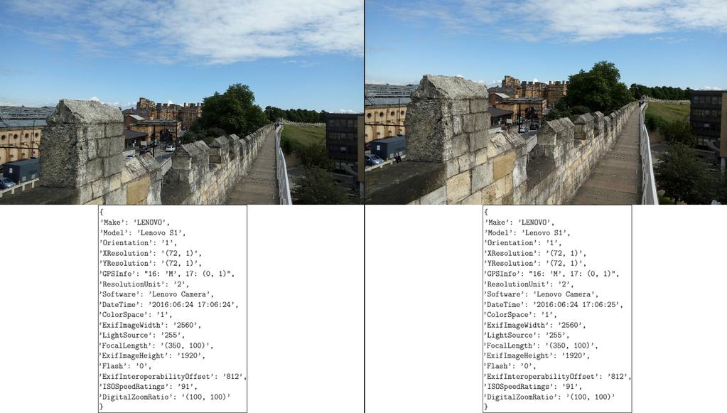 Obrázek 2.5: Ukázka duplicitních fotografií včetně jejich metadat Fotografie jsou z hlediska obrazových dat téměř totožné.