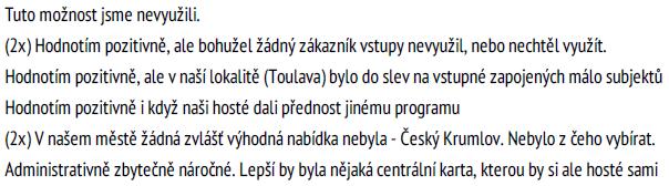 Jak hodnotíte možnost nabídnout Vašim hostům zlevněné vstupné na atraktivity po celém regionu? Vlastní Vlastní komentář 27 Hodnotím negativně. Systém vstupenek byl složitý a nepřehledný.