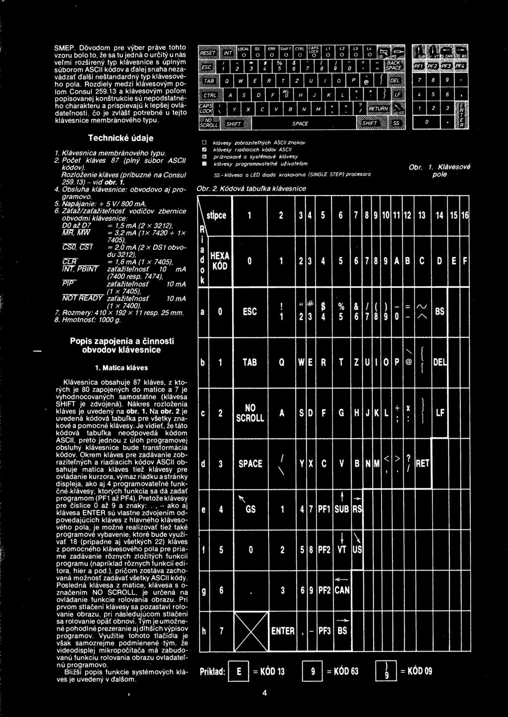 13 a klavesovym pol om popisovanej konstrukcie su nepodstatneho charakteru a prispievaju k lepsej ovladatel nosti, co je zvlast potrebne u tejto klavesnice membranoveho typu. Technicke udaje 1.