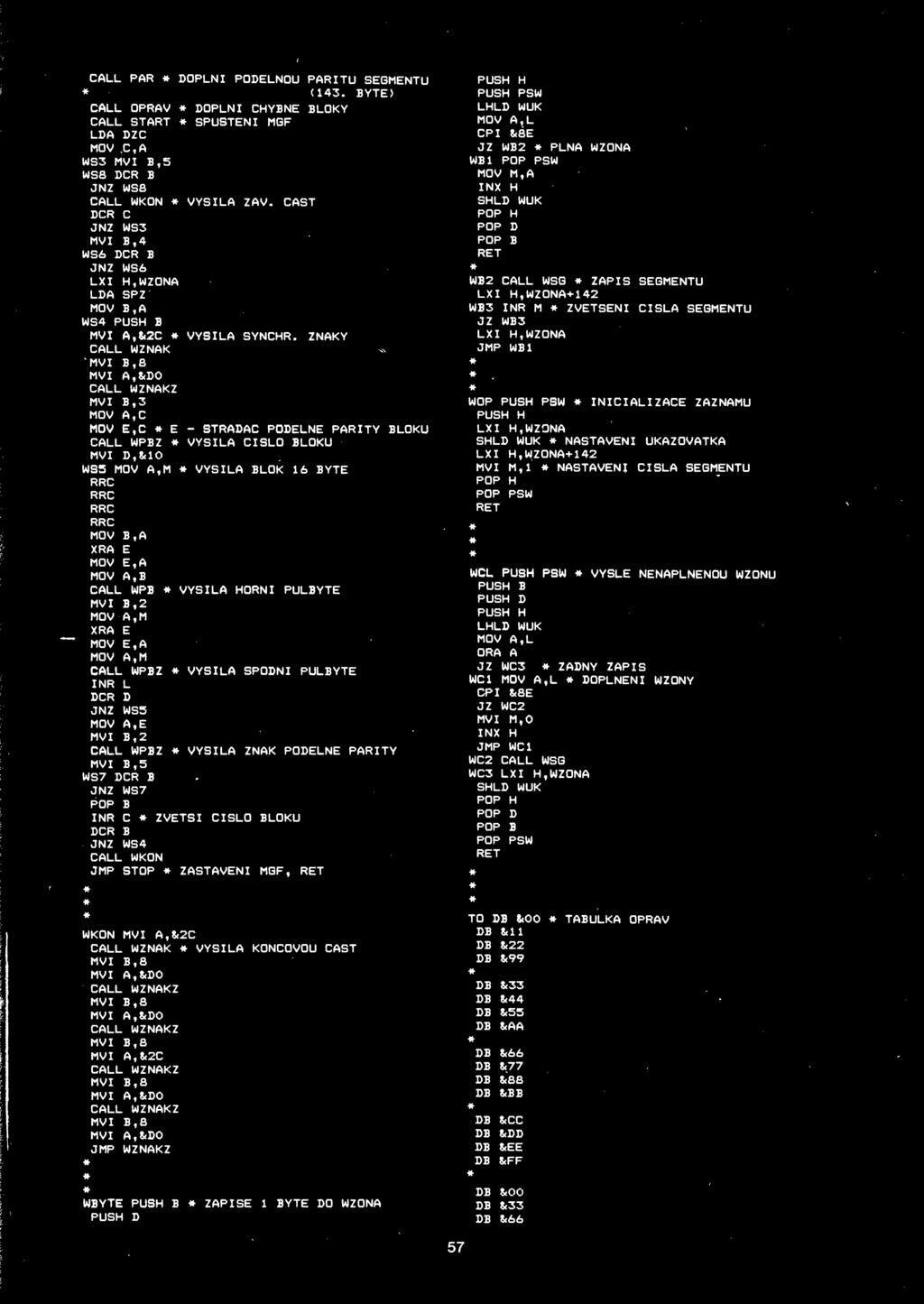 ZNAKY CALL WZNAK 'MVI B,8 MVI A,&DO CALL WZNAKZ MVI B,3 MOV A,C MOV E,C E - STRADAC PODELNE PARITY BLOKU CALL WPBZ VYSILA CISLO BLOKU MVI D,&10 WS5 MOV A,M VYSILA BLOK 16 BYTE RRC RRC RRC RRC MOV B,A