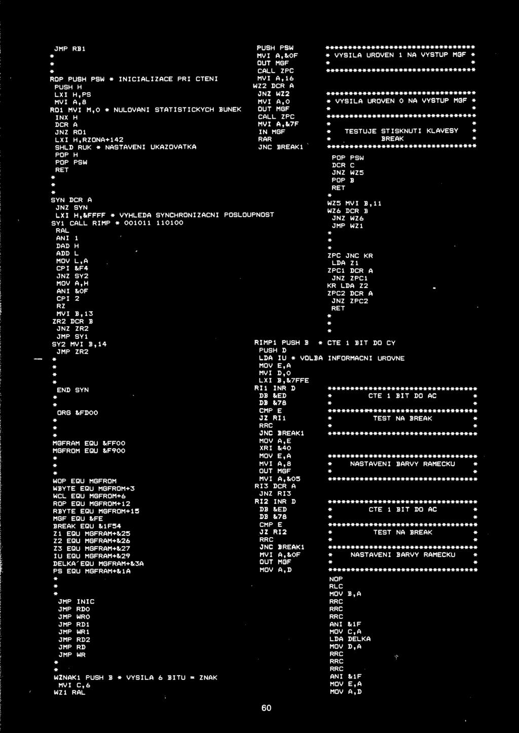 &FFFF VYHLEDA SYNCHRONIZACNI SY1 CALL RIMP i 001011 110100 RAL AN I 1 DAD H ADD L MOV L,A CPI &F4 JNZ SY2 MOV A,H AN I CPI RZ MV I &0F 2 B, 13 ZR2 DCR B JNZ ZR2 JMP SY1 SY2 MVI B,14 JMP ZR2 END SYN