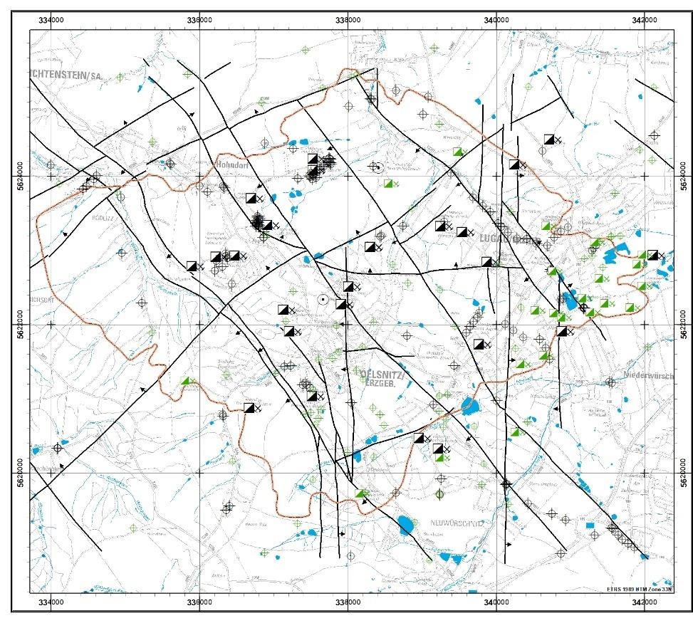 Abbildung 2-1: Aus der Aufschlussdatenbank extrahierte Bohrungen und Schächte im und um das Abbaugebiet von Lugau/Oelsnitz (orange), schwarz: bereits im Modell, grün: für die Ertüchtigung ergänzt.