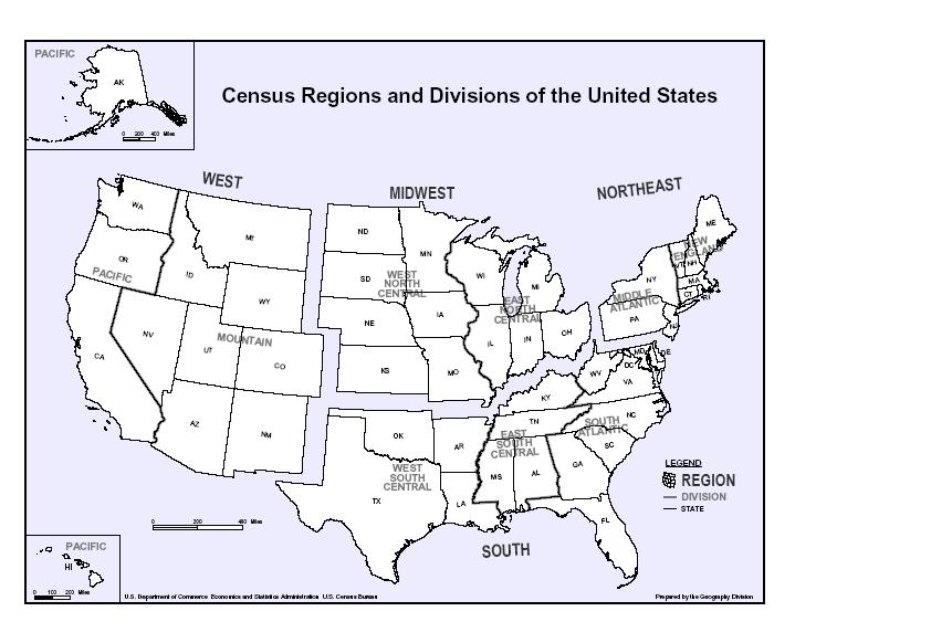 2.6. Statistické členění Spojených států Census Bureau rozděluje Spojené státy pro statistické účely na 4 regiony a ty dále na celkem 9 oblastí (divisions).