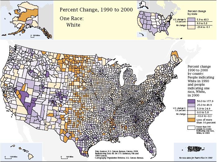 Mapa 14: Okresy podle procentuální změny počtu bělochů* mezi roky 1990 a 2000 Zdroj: Grieco (2001), U. S. Census Bureau, http://www.census.gov/prod/2001pubs/c2kbr01-4.pdf Pozn.