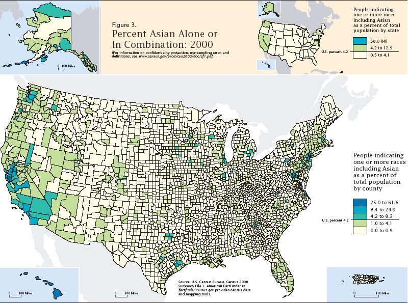 Asijské obyvatelstvo vzrostlo mezi lety 1990 2000 minimálně o 48 %. Přesnou hodnotu nelze uvést kvůli změně ve vymezení statistických kategorií. V roce 2000 byly nabízeny možnosti kombinací ras.