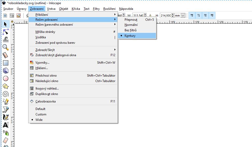 3 LASEREM K ROBOTOVI, ROBOTEM K VÍTĚZSTVÍ Obrázek 12: Zapnutí zobrazení kontur Zdroj: Program InkScape Po těchto dvou krocích můžeme provést ještě jeden, který však není nezbytný.