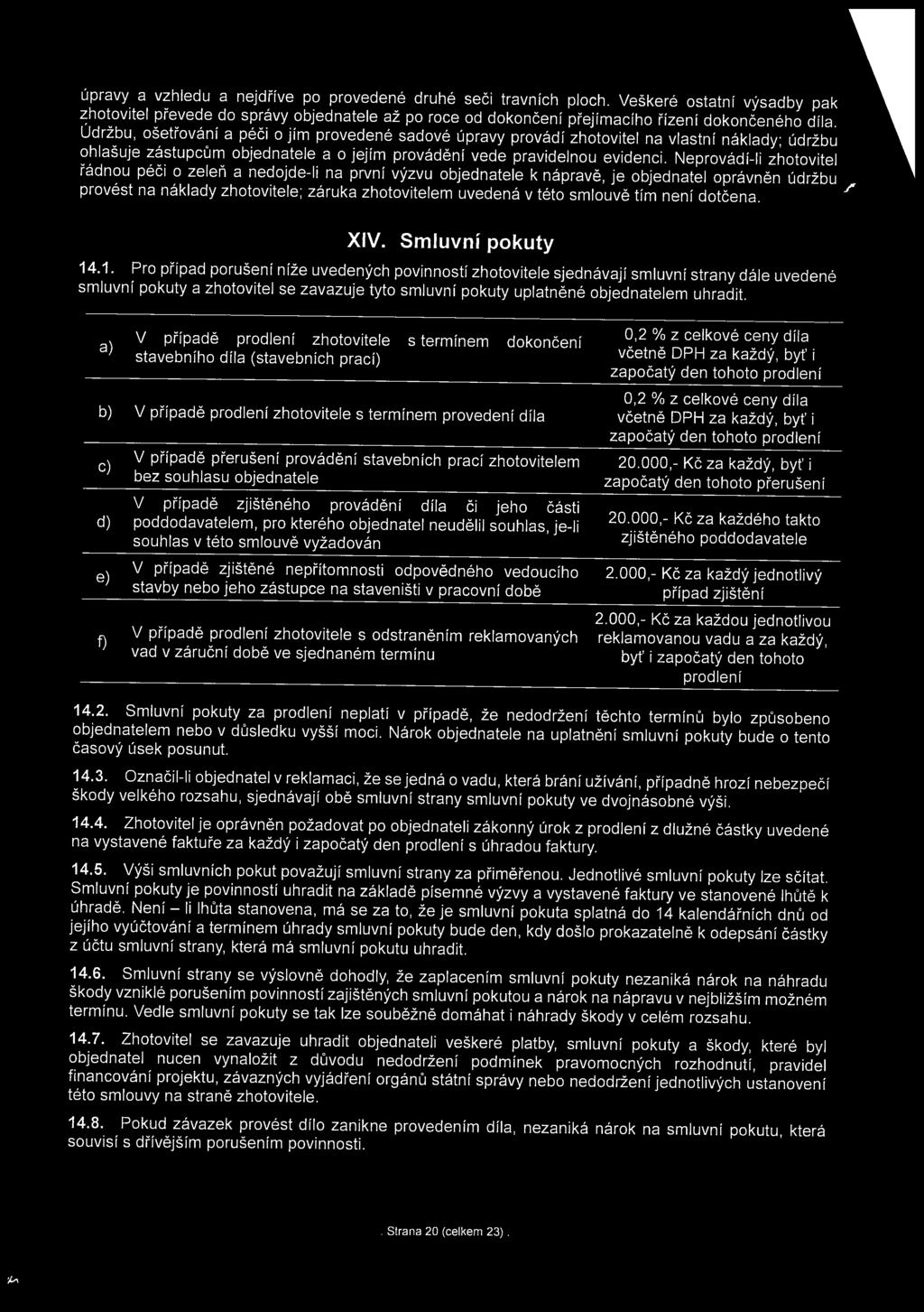 Neprovádí-li zhotovitel řádnou péči o zeleň a nedojde-li na první výzvu objednatele k nápravě, je objednatel oprávněn údržbu provést na náklady zhotovitele; záruka zhotovitelem uvedená v této smlouvě