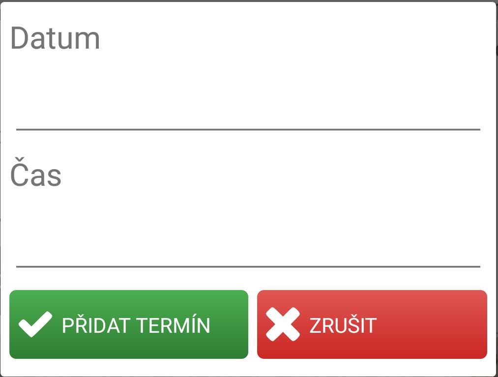 a textem (Obrázek 6). Z důvodu ulehčení vložení požadovaných údajů jsem uvnitř třídy inicalizoval TimePickerDialog sloužící k zobrazení dialogového okna s výběrem času a pro datum DatePickerDialog.