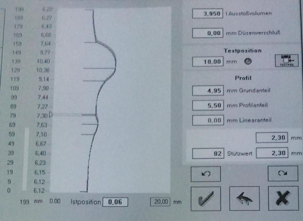 Extruder: Vnější průměr trysky: 150 mm Nastavená tloušťka stěny parizonu: dle profilu tlouštěk stěn Obr. 34.