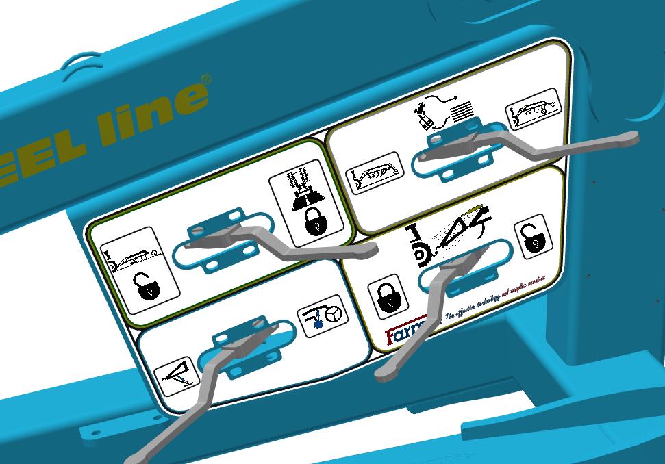 UZAMKNUTÍ / ODEMKNUTÍ PÍSTNICE OJE ŽLUTÝ OKRUH Ovládací panel hydrauliky se 4 pákami* ODEMYKÁNÍ STROJE PRO PRÁCI NA POLI / UZAMYKÁNÍ PRO