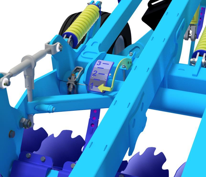 Pracovní hloubka disků nikdy nesmí překročit 120 mm Rozdíl pracovní hloubky mezi diskovou a dlátou sekcí se nastavuje hydraulickým okruhem (ZELENÝ) Poloha diskové sekce je vidět na ukazateli (1 -