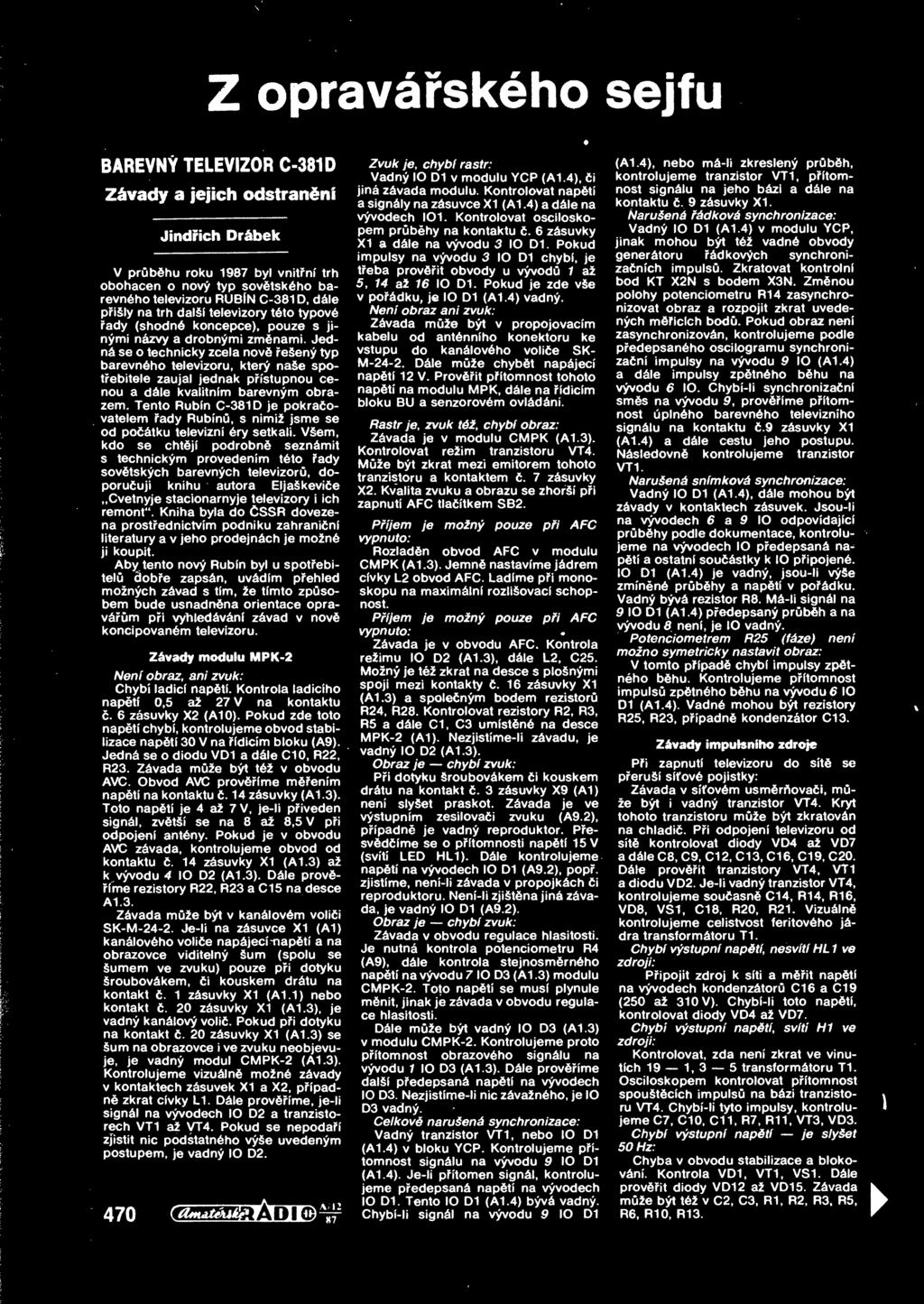 Z opravarskeho sejfu BAREVNY TELEVIZOR C-381D Z&vady a jejich odstransnf Jindrich Drdbek V prub hu roku 1987 byl vnitfni trh obohacen o novy typ sovetskcho barevn6ho televizoru RUBfN C-381D, dale