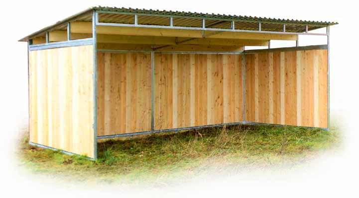 dřevěný je dostupný v rozměru 3 x 6 m. Zadní a boční stěny jsou dřevěné. Ocelová konstrukce je žárově zinkovaná.