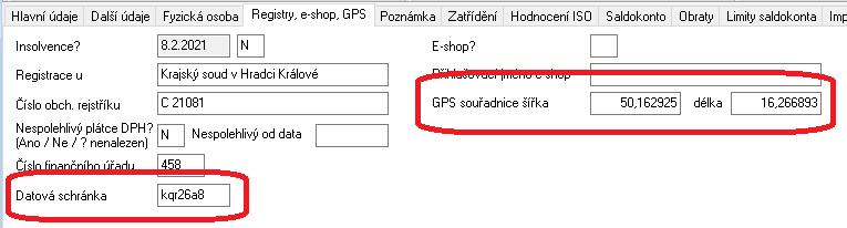 Adresář Nové položky v adresáři V adresáři firem je nyní možné přidat i číslo datové schránky a GPS souřadnice. GPS souřadnice je možné zadat v záložce Sídla. GPS souřadnice se nyní mohou využít např.