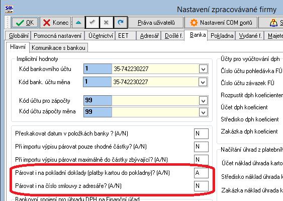 Banka Nastavení párování plateb kartou pomocí pokladny a číslem smlouvy Před určitou dobou jsme zavedli možnost párování plateb kartou pomocí fiktivní pokladní knihy.