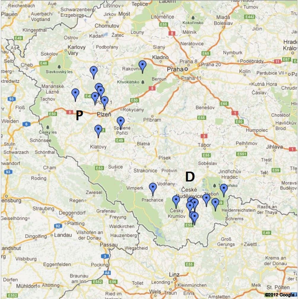 Mapka areálu intonačních (přízvučných) proměn zaznamenaných v promluvách rodilých mluvčích (jihozápadočeská nářeční podskupina; písmeno P označuje západní skupinu, plzeňskou ; D jižní skupinu,