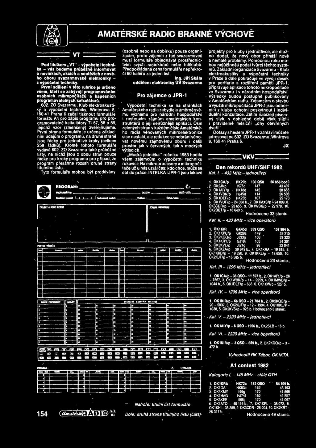 ZO Svazarmu, Klub elektroakustiky a vypodetni techniky, Winterova 8, 160 41 Praha 6 zadal tisknout formuldre formdtu A4 pro zdpis programu pro programovatelnd kalkuldtory II 57, 58 a 59, jejichz vzor