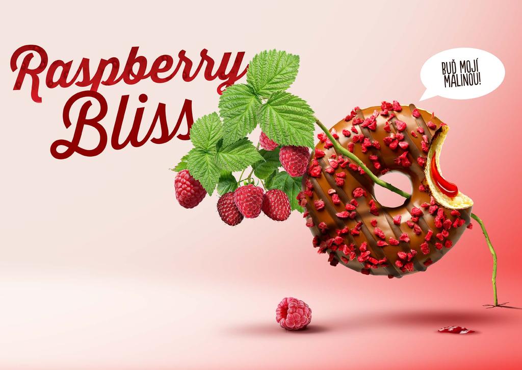 Donut premium s malinovou náplní Tam, kde mají maliny na cokoláde ustláno, zijí donuty plné stavnaté chuti. RASPBERRY BLISS Vezměte si našeho sladkého miláčka a prožijte s ním chuťovou extázi.