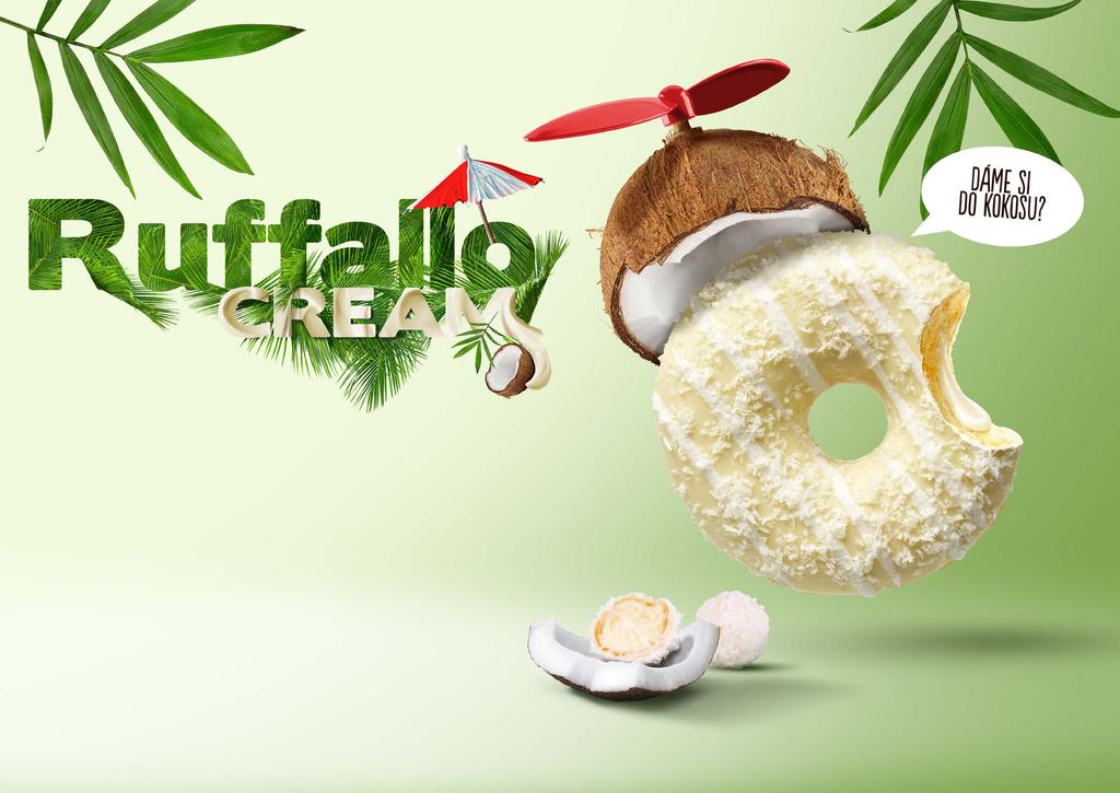 Donut premium BÍLÁ ČOKOLÁDA KRÉMOVÁ NÁPLŇ ` Kokosovy posyp slibuje exotiku, bílá belgická cokoláda nevinnost a nápln à la Raffaello sladké dobrodruzství.