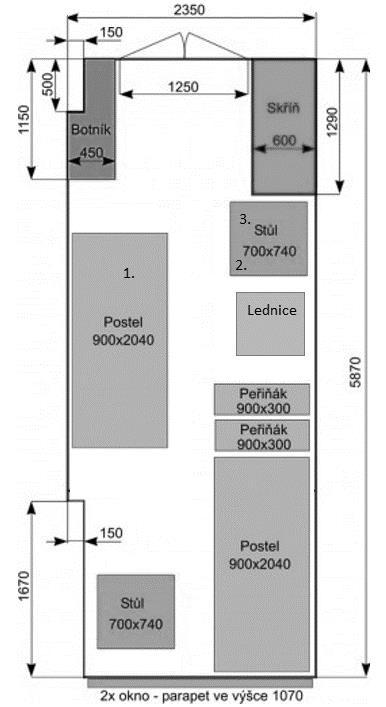 5.2. Metodika měření 5.2.1. Měřicí místnost Veškeré měření probíhalo v pokoji č. 206 na koleji Strahov, nacházejícím se na bloku 5 ve 2. patře s okny směrem na západ.