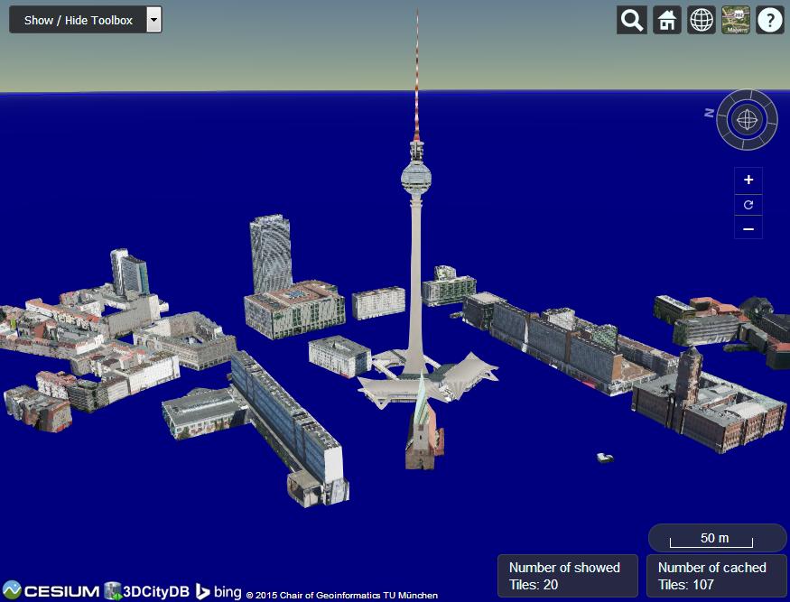 2. Analýza Obrázek 2.1: Ukázka běhu aplikace 3DCityDB, model města Berlín rozšiřitelný značkovací jazyk) vhodná pro práci v oboru geografie.
