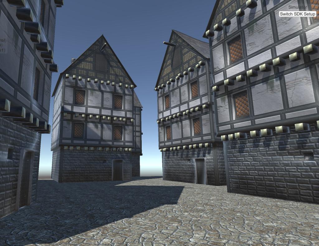 4. Implementace Obrázek 4.1: Ukázka běhu aplikace, modely budov převaty z [12] pole bajtů vloženo do speciály třídy Texture2D, kterou interně definuje Unity.